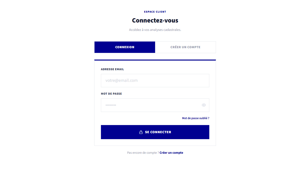 Page de connexion Data Cadastre