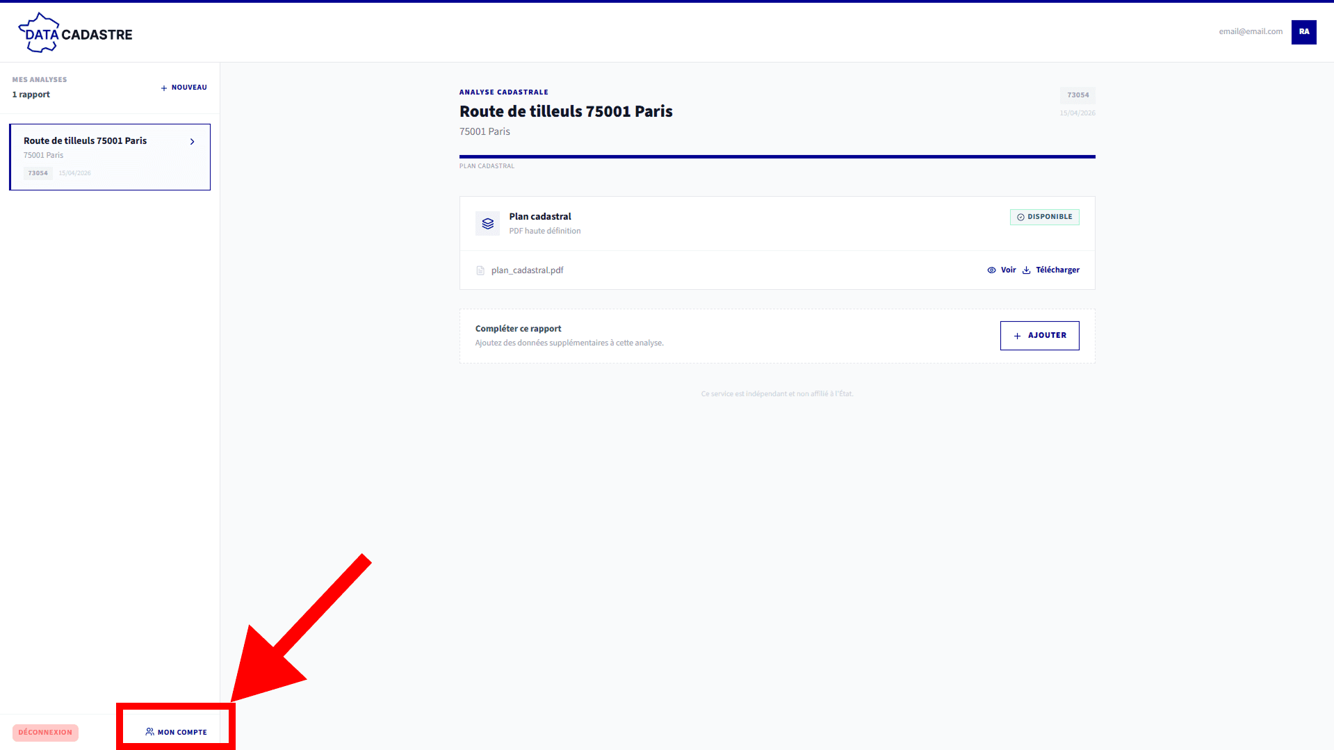 Tableau de bord avec bouton Mon espace