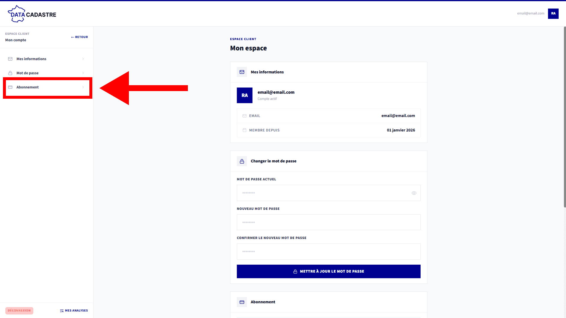 Sidebar avec section abonnement
