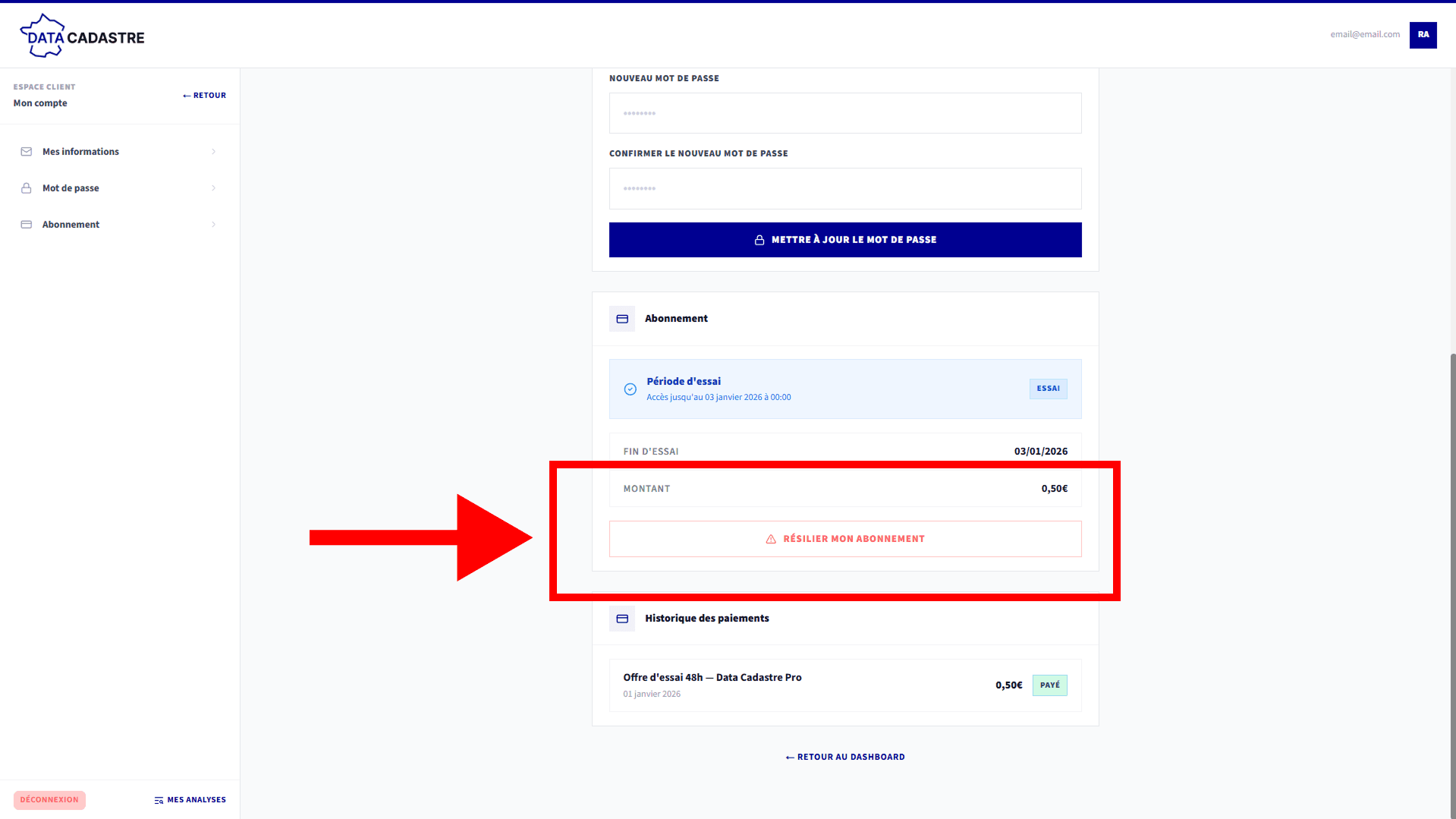 Bouton rouge Résilier mon abonnement